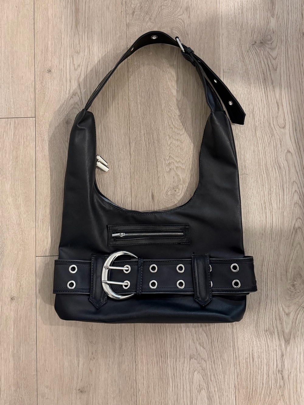 Black Baguette Shoulder Bag with Silver Grommet Belt Buckle Detail